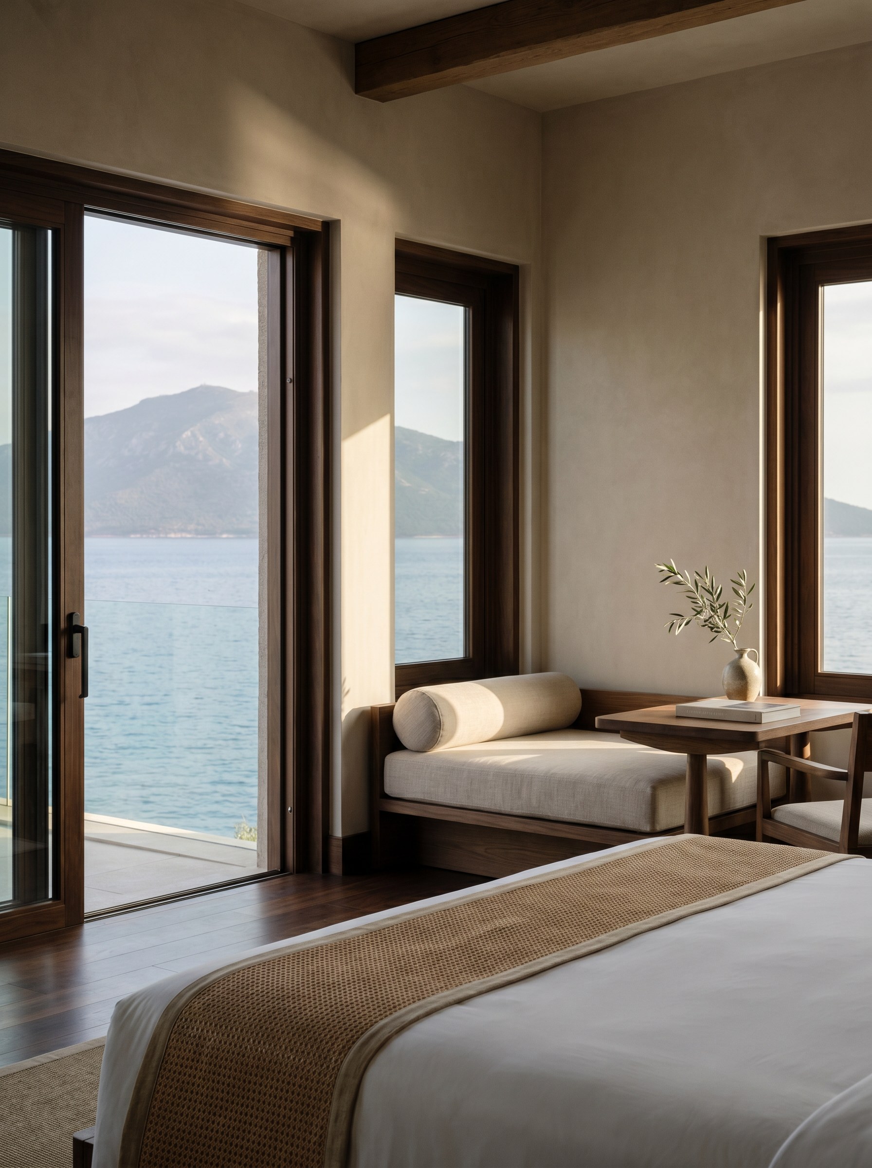 A small suite in morning light: a writing bench by the window, an unhurried table, and a quiet view of water beyond.