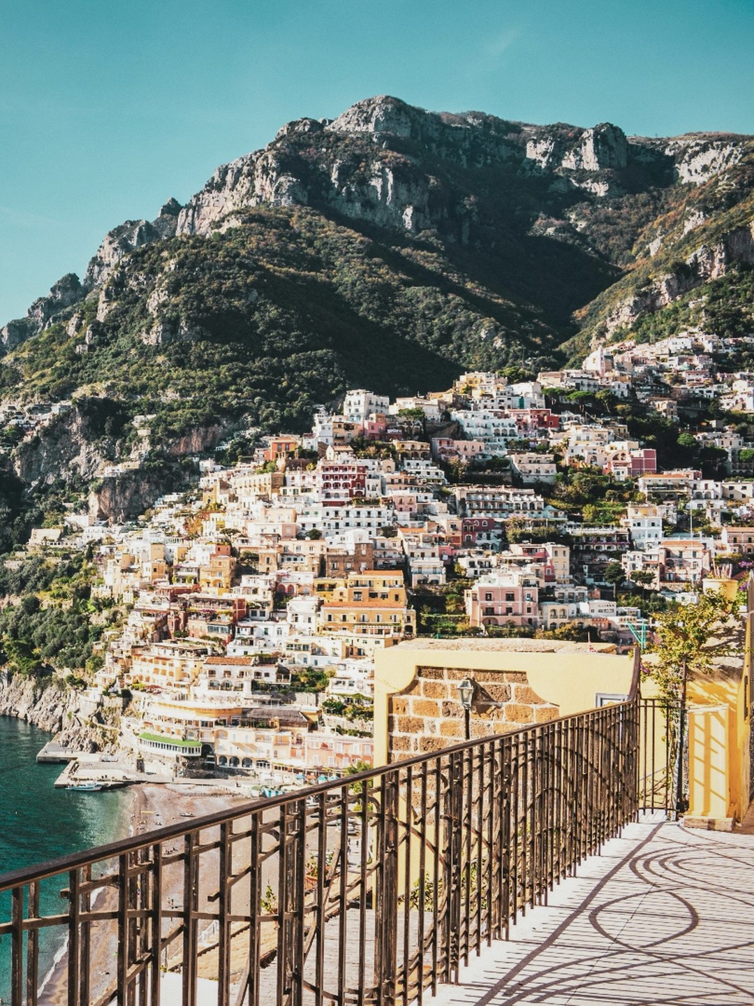 The village of Positano on the Amalfi Coast, viewed from a balcony at midday